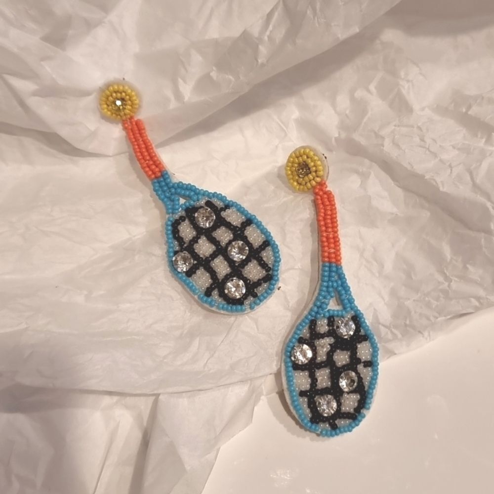 New Multicolor Beaded Tennis  Racket Rhinestone Earrings - Picture 5 of 8
